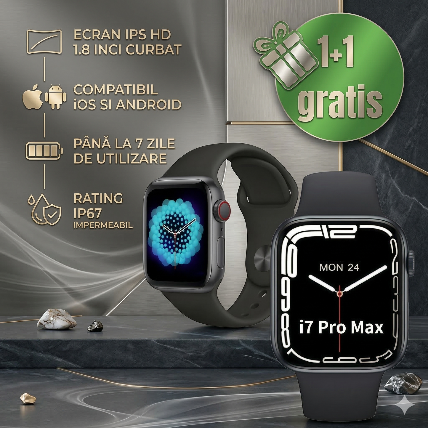 Ofertă! 1+1 Ceas Smart I7 Pro Max, apeluri/sms/social media, monitorizare, somn, ritm cardiac, muzica, rezistent la apa.
